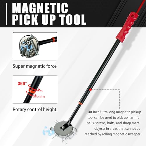 C&T 36-Inch Rolling Magnetic Pickup Sweeper With Wheels (55 Lbs Capacity), 40-Inch Telescoping Magnetic Pickup Tool (50 Lbs Capacity), Adjustable Handle, Safely Pick Up Nails, Screws And Metal Objects thumb #2