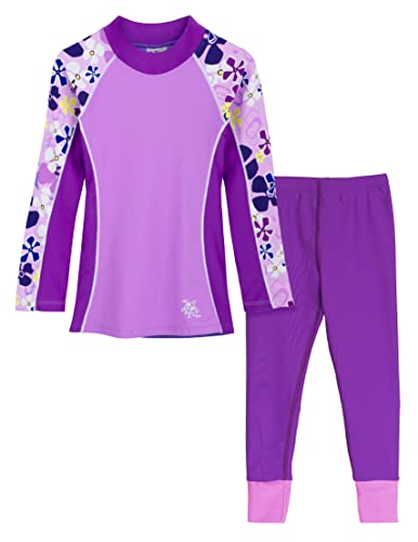 Image of Tuga Girls Long Sleeve Rash Guard and Swim Legging Bathing Suit Set, UPF 50+