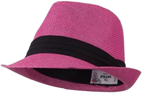Hatter Mens 3 Layer Pleated Band Solid Color Straw Fedora Fuchsia