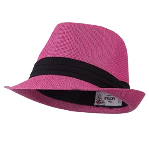 Hatter Mens 3 Layer Pleated Band Solid Color Straw Fedora Fuchsia #TOP2
