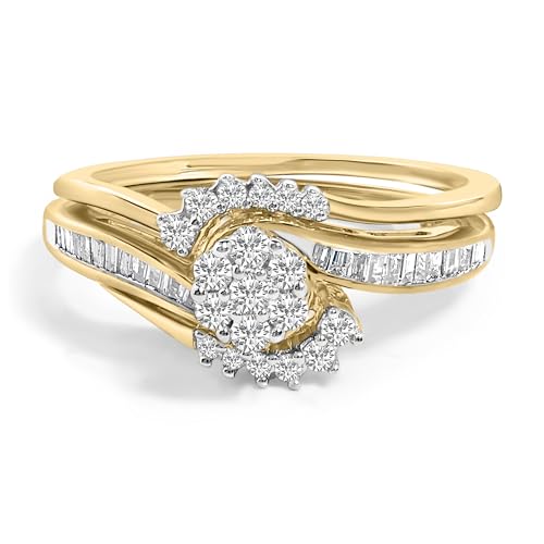 14K Yellow Gold Plated Sterling Silver 1/2 Cttw Diamond Cluster Spiral Bridal Set - Size 7
