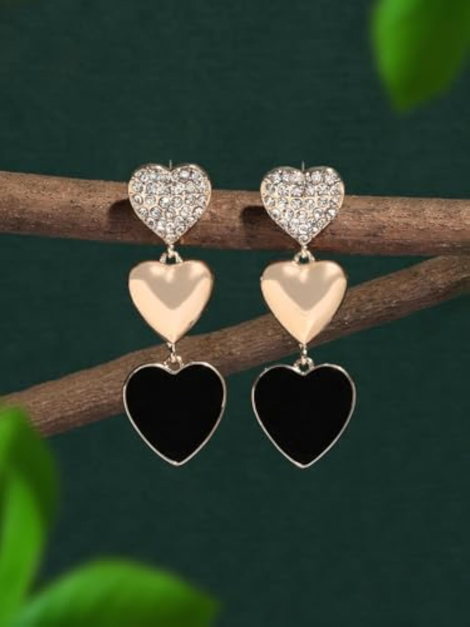 Black Enamel Austrian Diamonds Embellished Hearts Drop Earrings