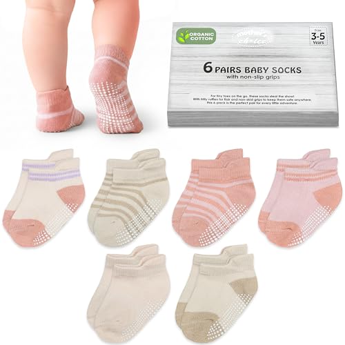 Mother's Choice Organic Cotton Ankle Baby Socks 3-5 Years – 6 Pairs, Soft Breathable Non-Slip Socks for Baby Boys & Girls with Anti-Skid Grip