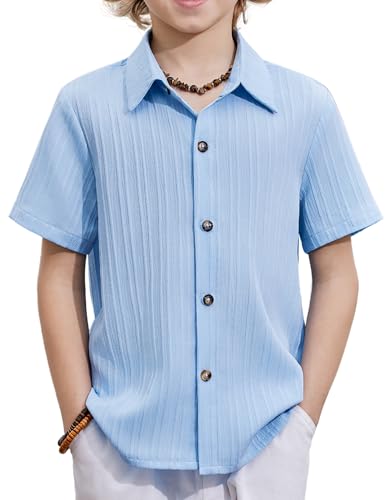 Image of Arshiner Boys Casual Short Sleeve Button Down Shirt Fashion Textured Summer Beach Shirt 3-13 Years Old