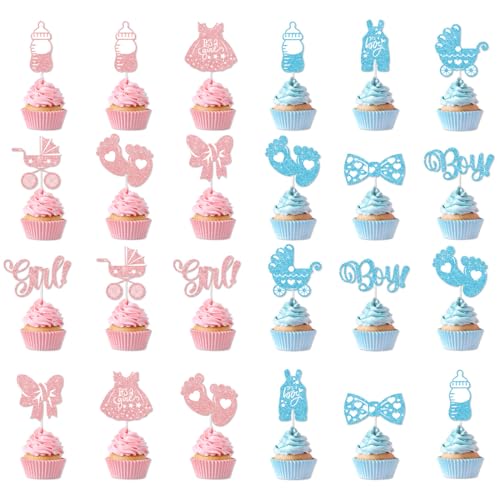 AFCJLTO 24 Piezas Decoración para Tartas Gender Reveal, Baby Shower Boy Girl Cupcake Cake Topper para Revelación de Género Decoraciones, Bautizos, Baby Shower (Azul,Rosa)