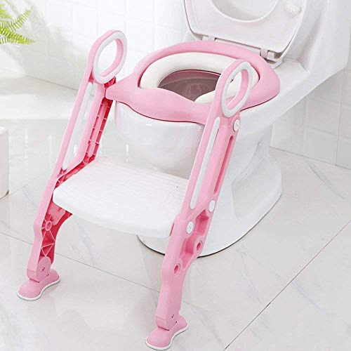 Potty Training Toilet Seat with Step Stool Ladder for Boys and Girls Baby Toddler Kid Children Toilet Training Seat Chair with Handles Padded Seat Non-Slip Wide Step (Pink White) - Thumbnail 7