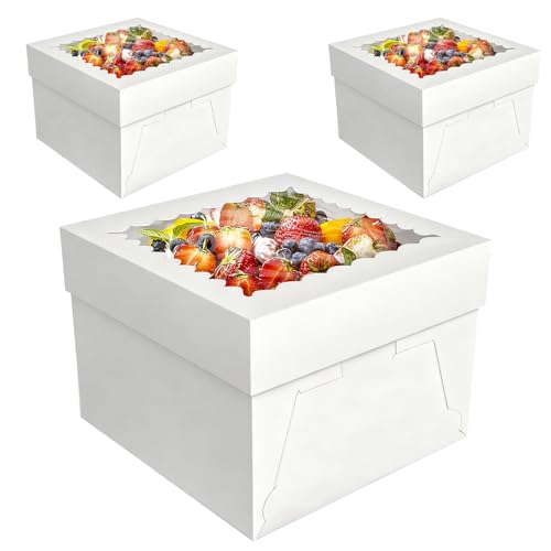 Kviceo 3 Pack Cake Boxes, 10x10x8 Inches Tall Cake Box with Cake Boards, White Bakery Boxes with Window, Disposable Cake Containers with Lids for Cake, Donuts, Pies, Cookies, Wedding, Birthday, Party