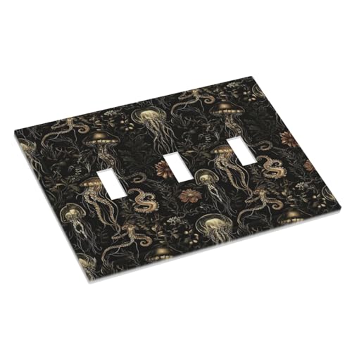 Decorative Switch Plate Covers Black Gold Jellyfish Squid Deep Sea Creatures 3 Gang Light Switch Cover Plate Triple Toggle Wall Plate Light Switch Covers for Bedroom Home Decor