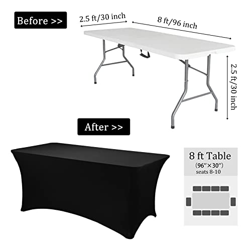 Image of 8 Pack 8FT Spandex Table Covers Washable Wrinkle Resistant Fitted Rectangle Tablecloth for Folding Table Wedding Party Birthday Banquet Bar Events(Black)
