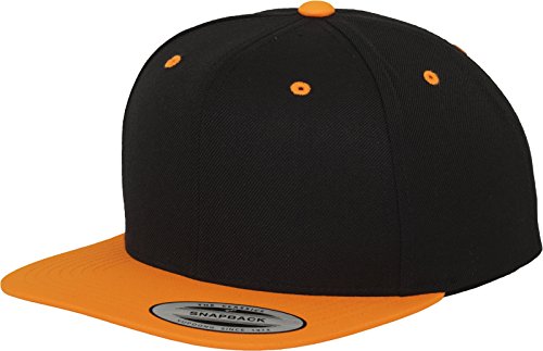 Flexfit Yupoong Unisex Gorro Classic Snapback 2-Tone, Bi-Colour Blanko Gorra con Recta Pantalla, Talla Única para Hombres Y Mujer, Color Blk/Anaranjado Neón
