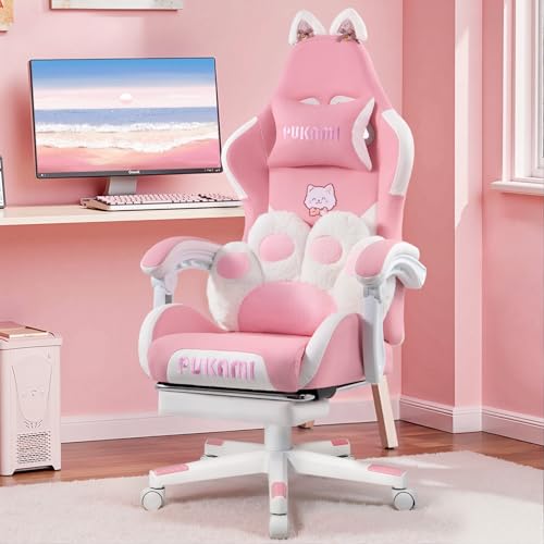 Pink Gaming Chair with Cat Ears and Cat Paw Lumbar...