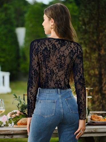 Women's Sexy Open Front Tie Long Sleeve Ruffle Trim Sheer Mesh Lace Crop Tops Blouses2