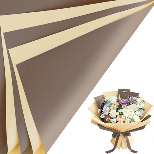 LeZakaa 20 Sheets Flower Wrapping Paper, Waterproof Reversible Floral Bouquet Paper, Coffee Brown Light Yellow Design for Valentines, Mothers Day, Party, Birthday, Wedding, Bridal Shower, Baby Shower