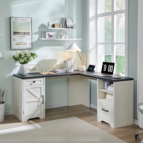 JXQTLINGMU L-Shaped Home Office Desk with File Drawer & Charging Station, 59x59 Inch, Off White