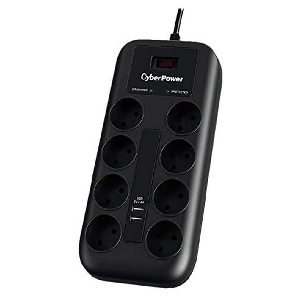 CyberPower PROFESSIONAL P0820SUF0-DE 8-fach Steckdosenleiste mit Sicherheitsabdeckung, Überspannungsschutz 1050J (max. 6000V/22500A), 2x USB-A 5V/2.4A, 1,8m Kabel, Schuko Winkelstecker, LED, schwarz