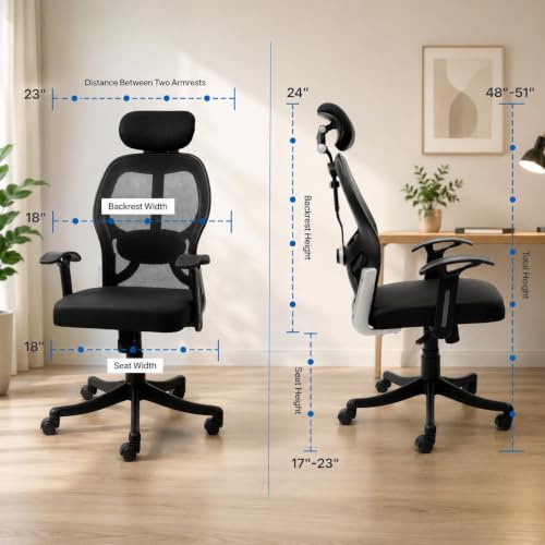 Image of HIGHLIVING Ergonomic Office Chair with Adjustable Lumbar Support, Breathable Mesh Back, Tilted Headrest , 120 Recline, Height Adjustable Swivel Chair with Fixed Armrest & Nylon Base (Black)