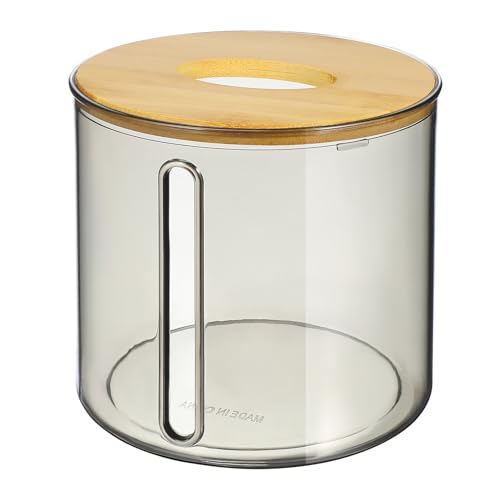 EPIGEIST 透明茶色竹木蓋付き丸型卓上ティッシュケース 滑らか仕上げ快適手触り 設計 家用丸型ティッシュボックスホルダー リビング 寝室 オ