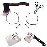 YOHANA 3 pcs Halloween Hairbands Scary Hair Accessories Headbands Funny Headwear Plastic Knife Hair Hoops Through Scissor, Axe Headband for Costume Party Halloween Horrible Funny Prop.