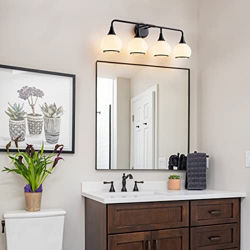 Image of Black Bathroom Light Fixtures 4-Lights Vanity Lights with Milky White Frosted Glass Shade Bathroom Vanity Light 30.7 inch Wall Sconce Lighting Bath(Exclude E26 Bulb)