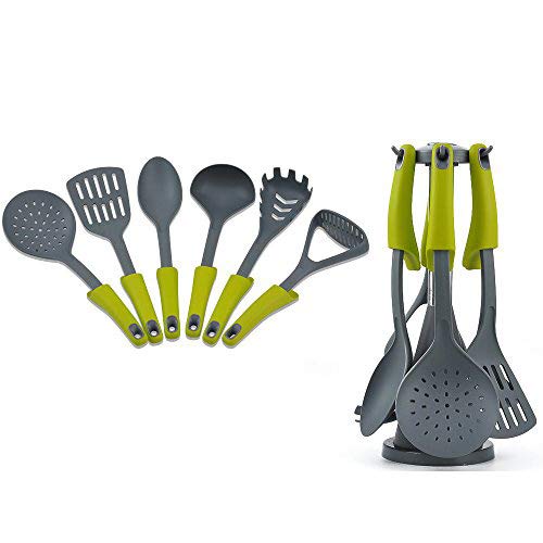 6 Piece Cooking Kitchen Utensils Set - Nonstick Utensil Set - Silicone and Nylon Kit - For Pots and Pans -Slotted Spoon, Slotted Turner,Soup Spoon, Spaghetti Server, Basting Spoon and Potato Masher