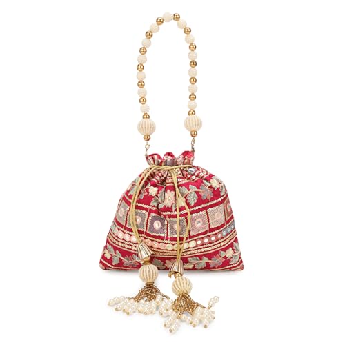 Image of LONGING TO BUY Indian Embroidered Pearl Potli Bag For Women, Sequence Design with Tassel, Wedding Potli Bags