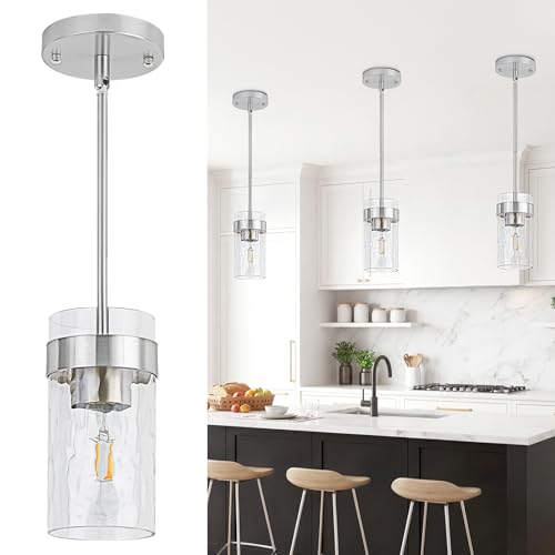 Image of Water Ripple Glass Pendant Lights Kitchen Island Brushed Nickel, 3 Pack | Adjustable Modern Mini Hanging Light for Sink Dining Room Foyer Entryway