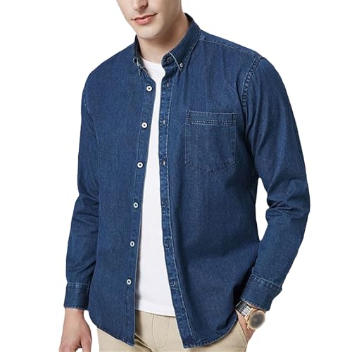 JEKE-DG Men's Long Sleeve Casual Denim Jacket Lapel Button Up Cotton Jean Shirt Comfort Stretch Classic Jean Shirts2