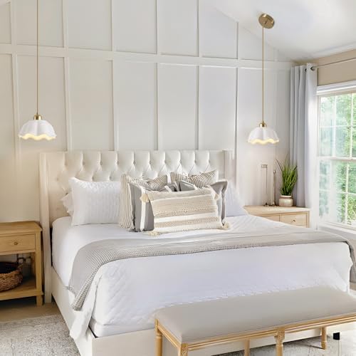 Image of Ceramic Pendant Light Set of 2 with Retro White Dome Lampshade Modern Ceiling Hanging Lamp Adjustable Nordic Mid Century Pendant Light for Kitchen Island Bedroom Restaurant