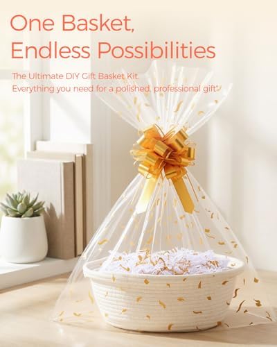SUNCOLOR Small Woven Gift Basket Set with Cut Paper Shred Filler, Pull Bow & Cellophane Bag, 12x8x5 Inch Durable Cotton Rope Storage Basket for Easter, Baby Shower, Birthday - 3