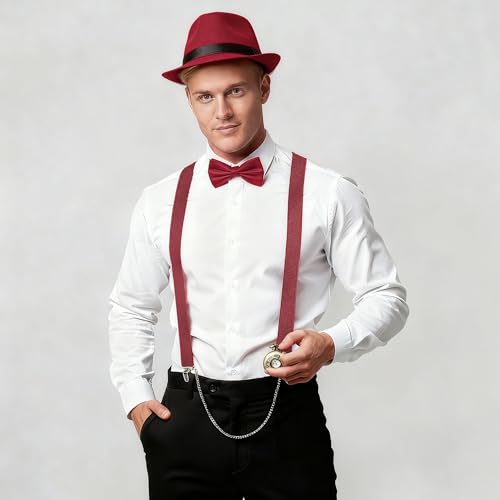 Image of BABEYOND 1920s Mens Gatsby Gangster Accessories Set Panama Hat Suspender Bow Tie