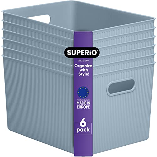 Image of Superio Ribbed Collection - Decorative Plastic Basket Open Home Storage Bins Organizer, X-Large Blue (6 Pack) Container Boxes for Organizing Closet Storage Bins for Shelves 22 Liter /23 Quart