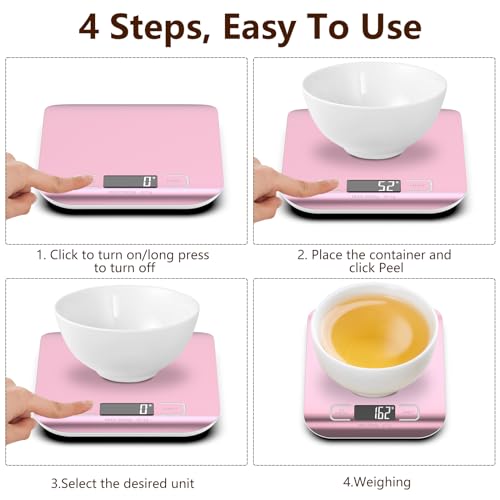 GeeRic Báscula de Cocina Digital de Acero Inoxidable,Balanza de Alimentos Multifuncional 22 lb/10 kg,Peso Cocina con Pantalla LCD 2 Baterías Incluidas para cocinar, hornear(oro rosa) - imagen 6