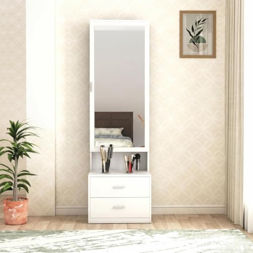 Image of DesignFit Engineered Wood Dressing Table with Drawer and Door Storage | Wooden Mirror Vanities Furniture for Bedroom Living Room and Home (White Finish)