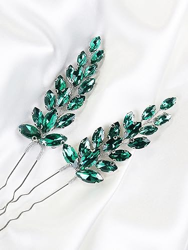 Brihasory Full Rhinestone Bridal Hair Pins 2PCS Wedding Hair Pieces for Brides, Handmade Hair Clip for Women Hair Accessories, Daily Party Prom Hair Decoration Bridesmaid Gifts(Green)