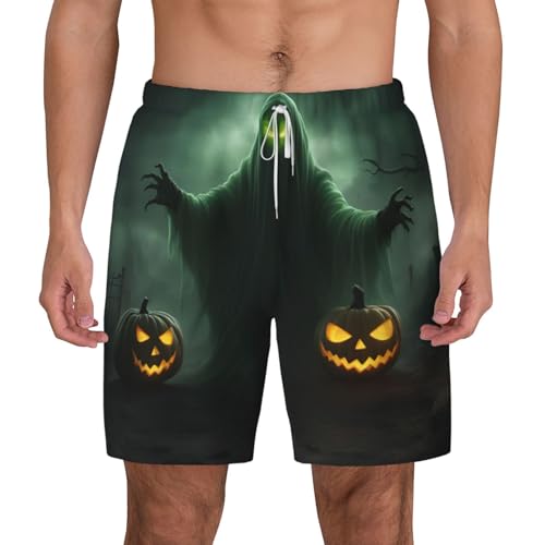 Green Ghost Horror Halloween Pumpkin Men's Soft Double Swim Shorts, Lounge Swiming Shorts Pants Breathable Summer