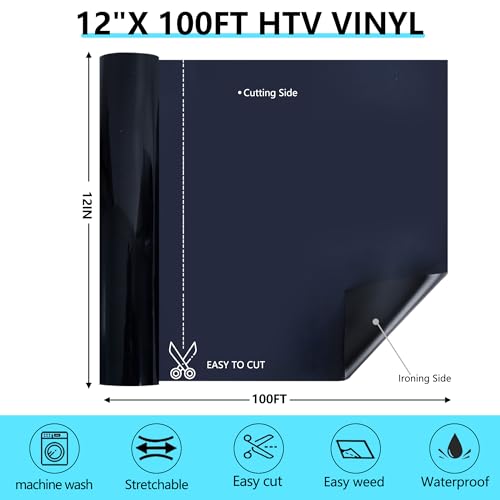 Image of HTVVETUR Black Iron on Vinyl Roll 12 inch x 100ft, HTV Heat Transfer Vinyl, Easy Cut Weed Vinyl for DIY T-Shirt Crafts & Cutting Machines (Black, 100ft)
