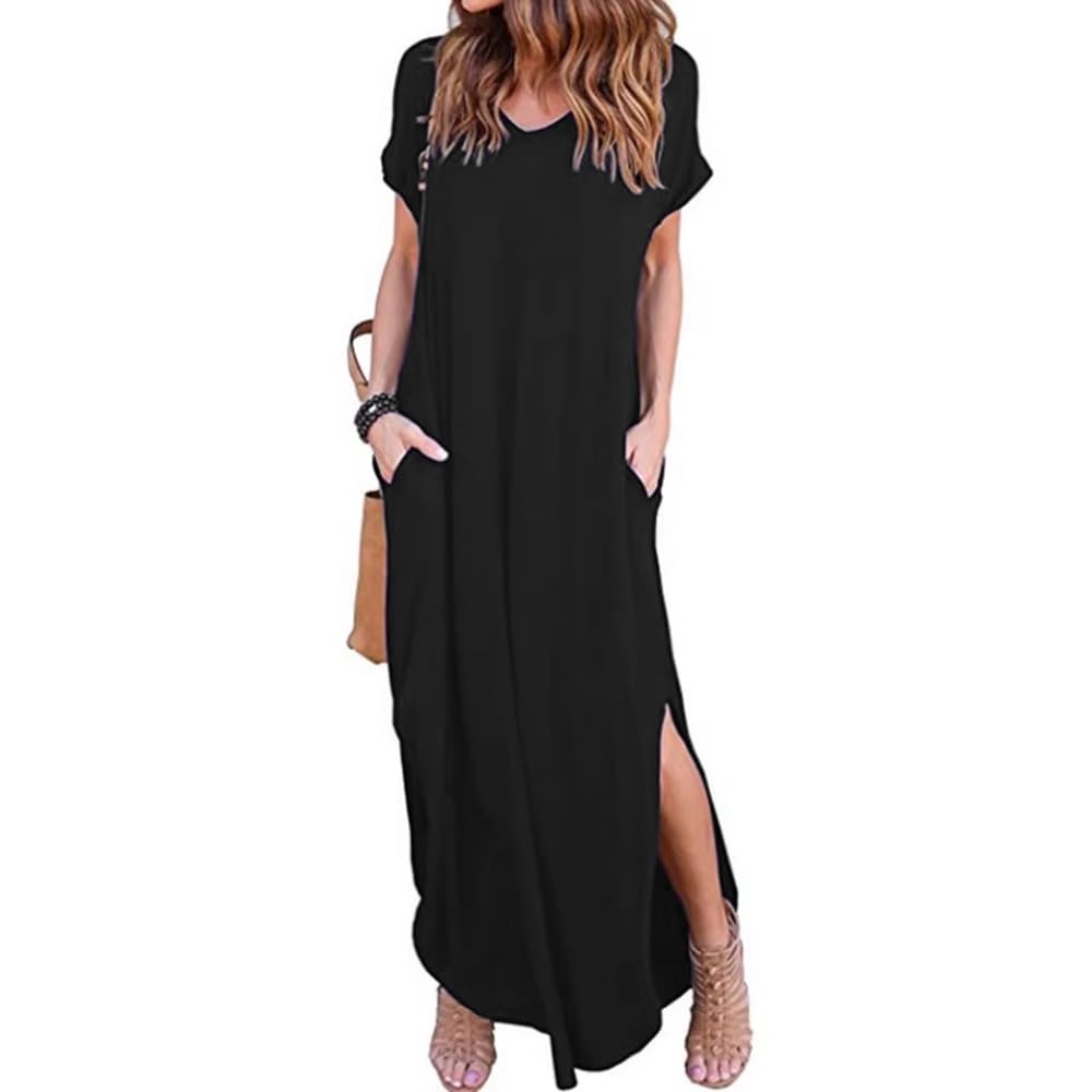 HSAJS Vestido Manga Corta Mujer Largo Vestidos de Fiesta Mujer Elegantes de Cuello en V Vestido Casual Holgado para Mujeres
