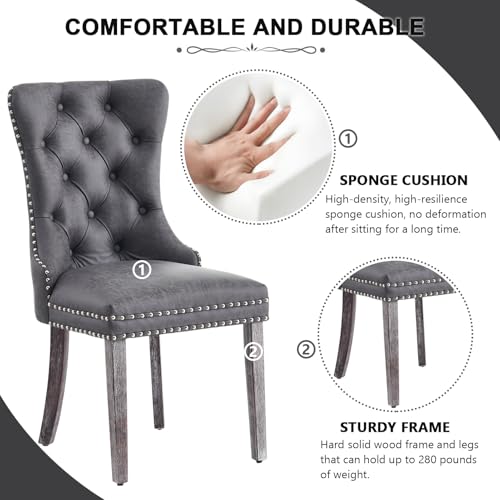 Image of Leather Dining Chairs, Upholstered Dining Room Chairs, Grey, Set of 2