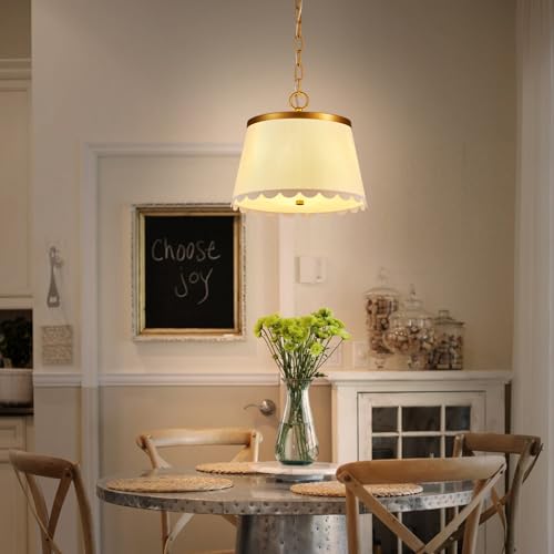 Mhytogn Flower Pendant Lighting, Modern Chandelier With Cream White Fabric Drum And Antique Brass Brush Paint Finish Shade For Nursery Kids Room Bedroom Kitchen Hallway Entryway 3-Light thumb #8