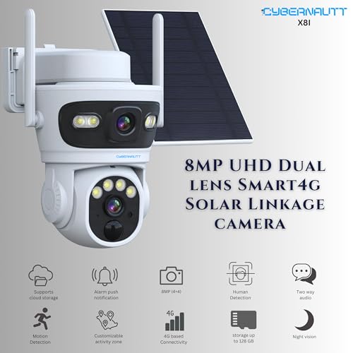 Image of XUGA - Cybernautt X8I 8MP 2 Lens PTZ Solar 4G Sim Outdoor CCTV Camera | Dual View | 355 | Night Vision | Motion Detection| Siren Alarm | 2 Way Audio | All Time Recording Feature | Use Air-tel 4G Sim