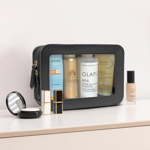 Image of LETGO Clear Beach Makeup Bags, TSA Approved Toiletry Bag with Zipper, Clear Makeup Organizer Fit Carry-on Travel Car Accessories Essentials,Portable Travel Small Pouch for Women Men (Black)