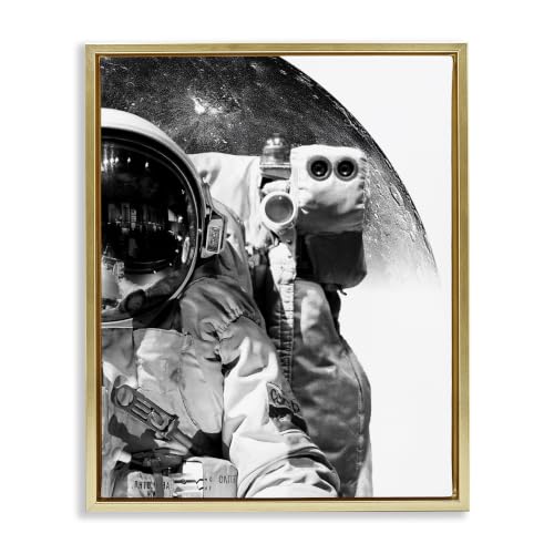 'Monochrome Astronaut Distant Planet Outer'| Floating Frame Canvas Art