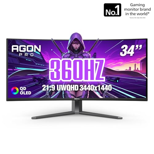 Image of AOC Agon PRO 34 inch Curved Gaming Monitor QD OLED 360Hz G-SYNC, AGP346UCSD | 3440x1440 UWQHD Computer Monitor, 0.03ms, G-SYNC Compatible, HDR, DP 2.1, HDMI 2.1, USB-C, Built-in Speakers, Mic In /Out