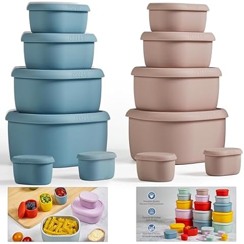 ISSEVE 12Pcs/Set Nesting Silicone Food Storage Containers with Lids, BPA Free Reusable Meal Prep Silicone Containers Airtight, Freezer Dishwasher Safe (33.8oz, 20oz, 10oz, 6.7oz, 1.3oz) Cover