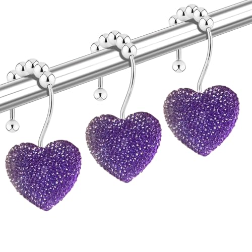 Diamond Shower Curtain Hooks, 12-Pack Heart Shaped Crystal Shower Rings, Acrylic Decorative Bathroom Hangers, Bling Purple Fancy Valentine's Day