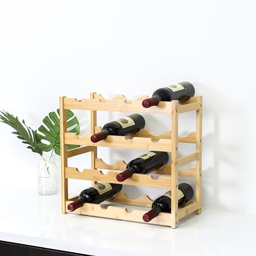 woodluv 4-Tier Wooden Wine Rack, Wine Holder, Compact Wine Storage Stand, Wooden Wine Organizer for Kitchen, Bar, or Countertop, Stylish Wine Holder with Easy Assembly