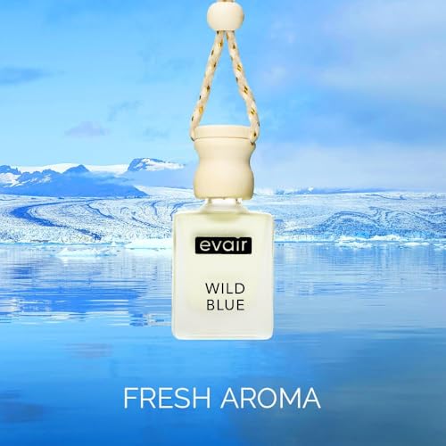 Image of Evair Hanging Car Air Freshener | Car Accessories Interior | Car Perfume Aroma with Essential Oils Fragrance in Glass Bottle with Wooden Diffuser Lid | 10 ml - Pack of 2 (Ocean Rush & Wild Blue)