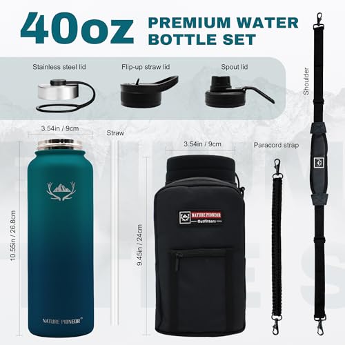 Image of NATURE PIONEOR 40 oz Insulated Water Bottle with Carrier Bag & 3 Lids