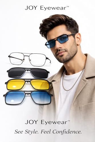 Image of Premium Tinted Eyeglasses with Magnetic Clip-On Sunglasses, 4-in-1, Matte Black Frame, Black Yellow Blue Lenses