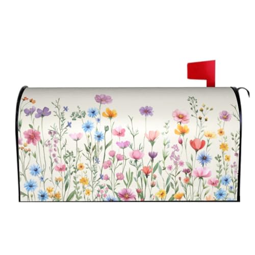 Image of Spring Summer Floral Mailbox Cover Magnetic Watercolor Wildflower Herb Flowers Weather Resistant Mailbox Wrap Post Cover 21x18 Inch Standard Size for Yard Garden Outside Decor